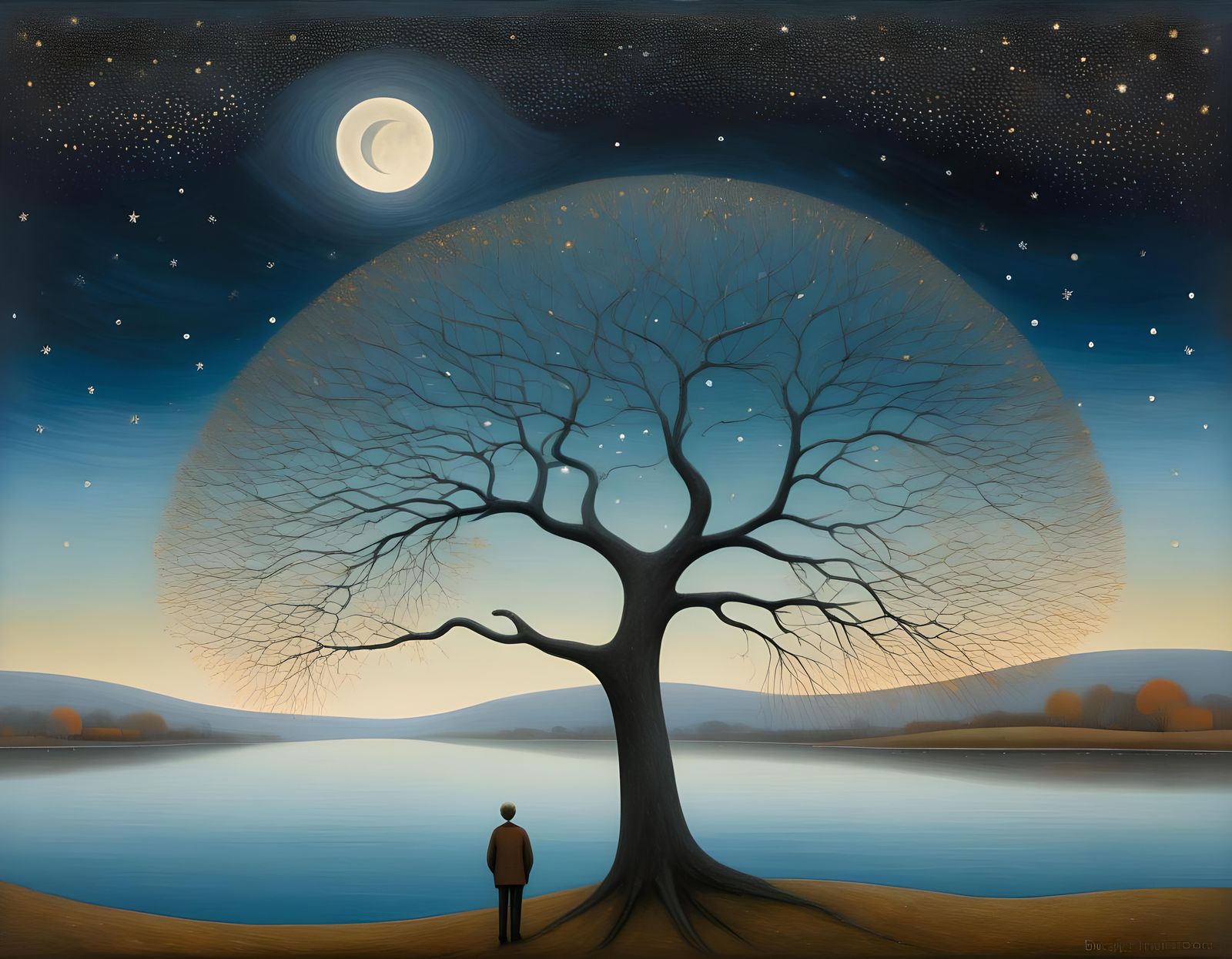 Man Gazing at Starry Sky in Surreal Landscape