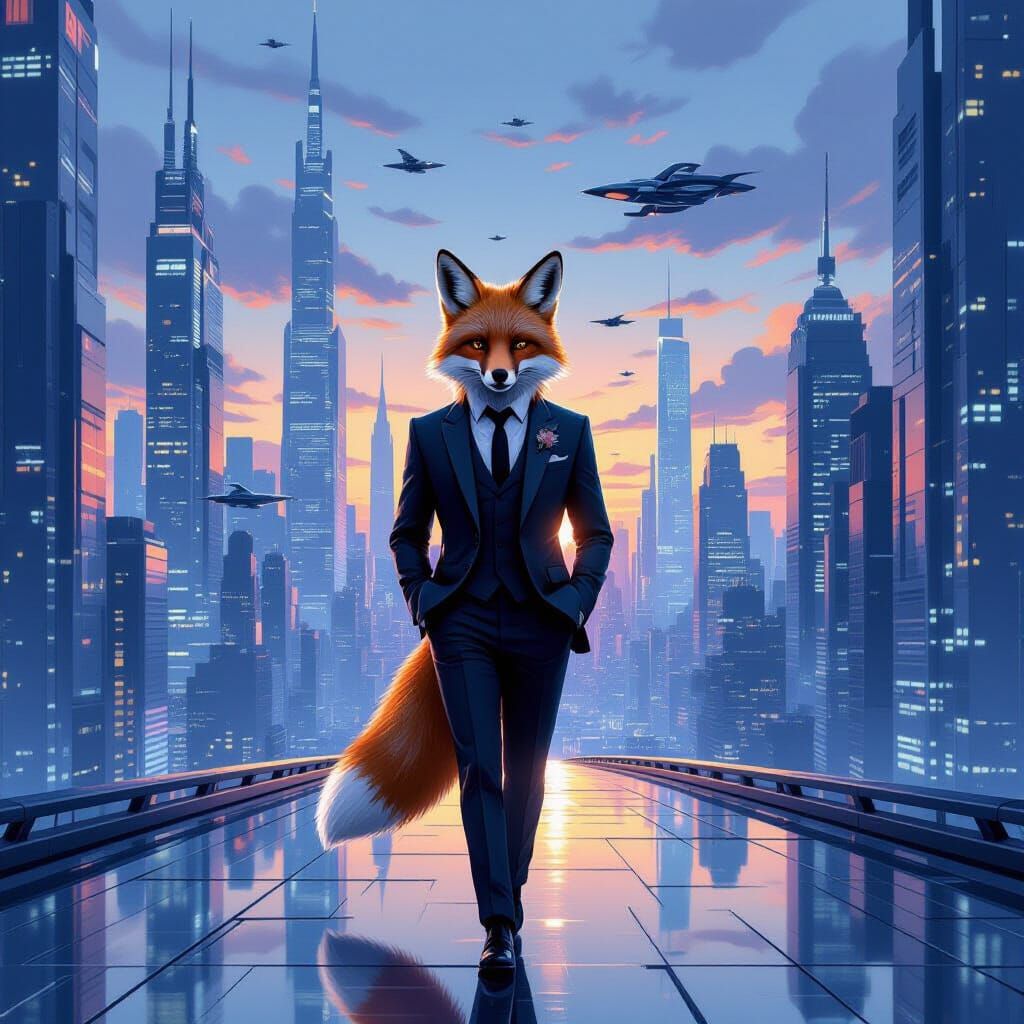 Fox in Suit in Futuristic City at Dusk