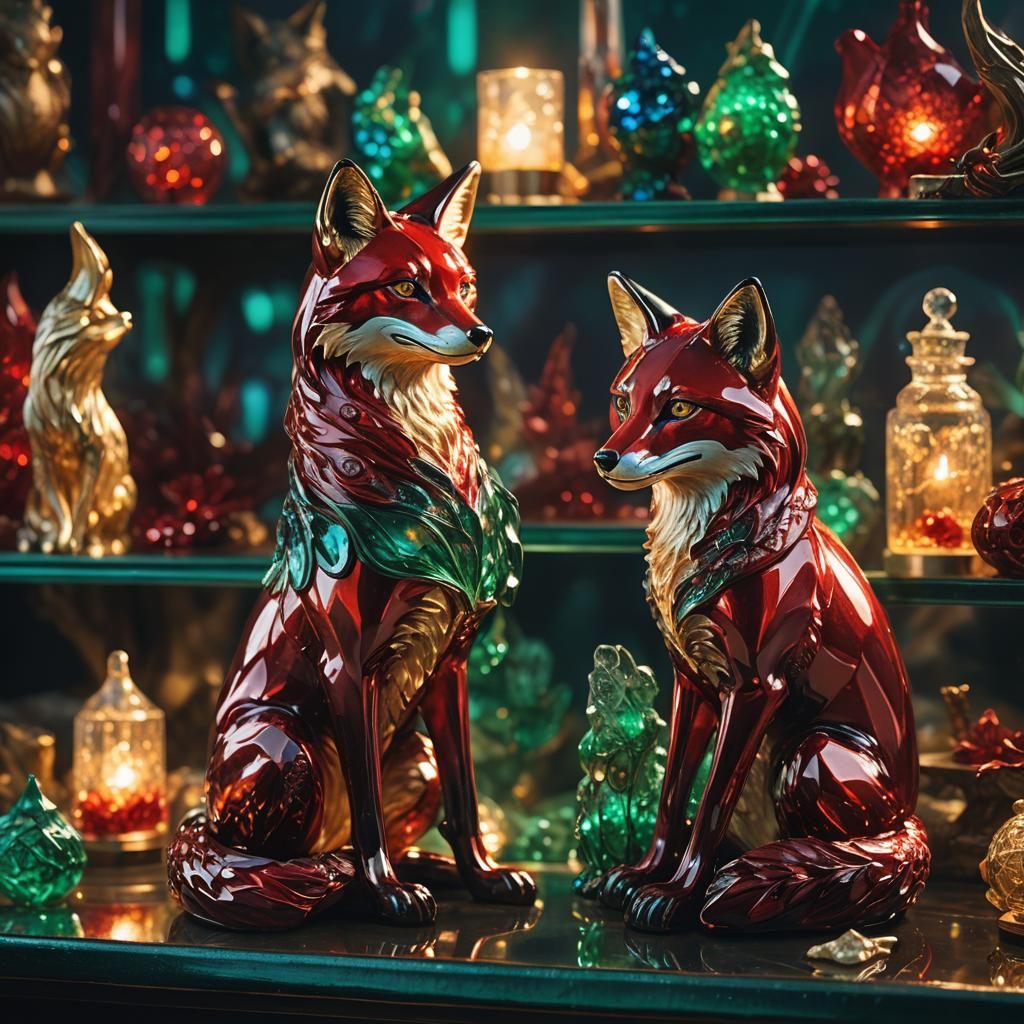 Crimson Glass Foxes in Art Nouveau Style