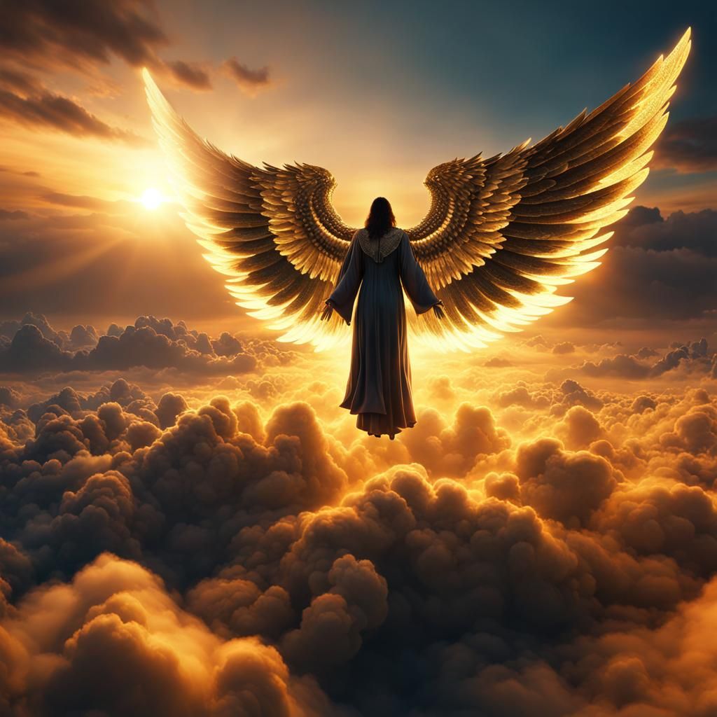 Mystical Angel with Galactic Wings at Sunset