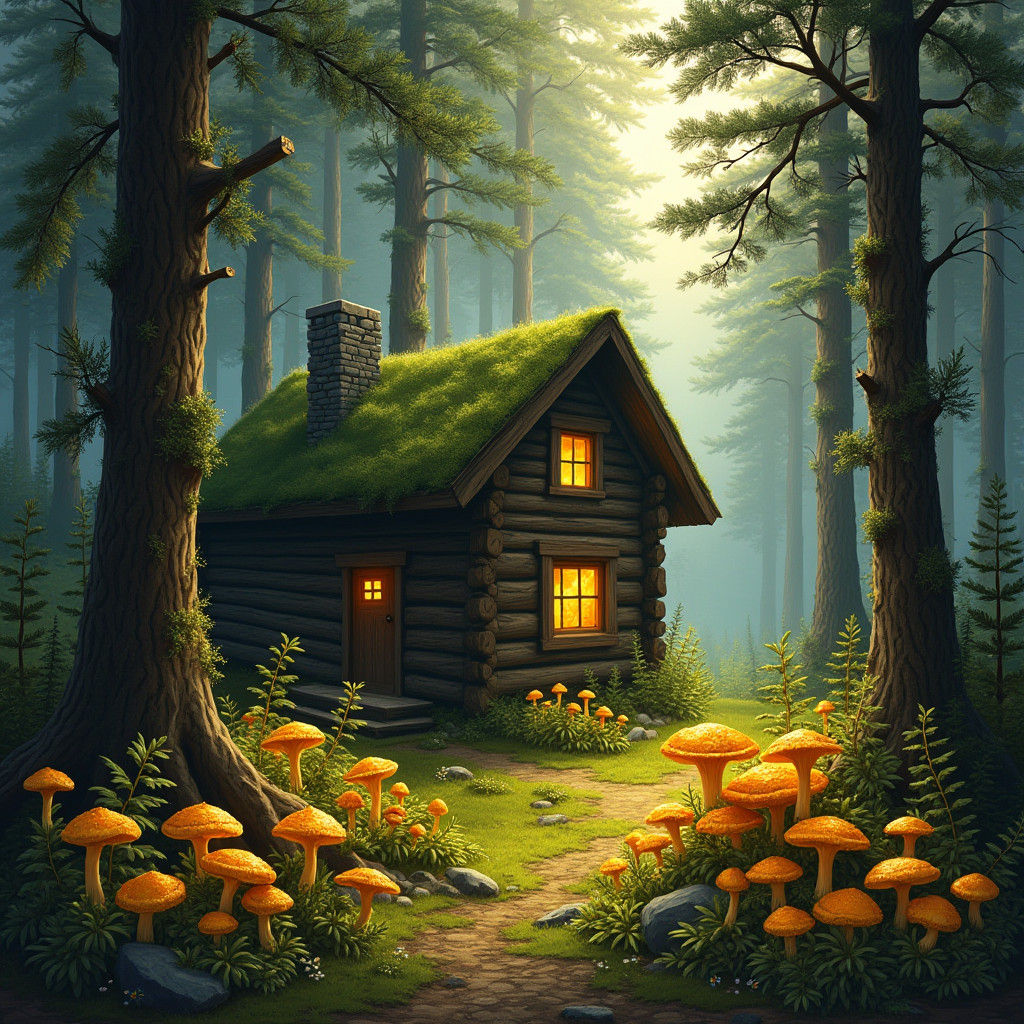 Log Cabin in Pine Forest with Chanterelles