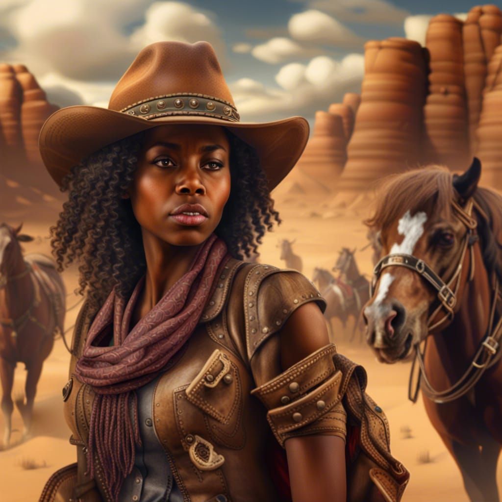 African American Cowgirl in the desert, money bags, Epic cinematic brilliant stunning intricate meticulously detailed dr...