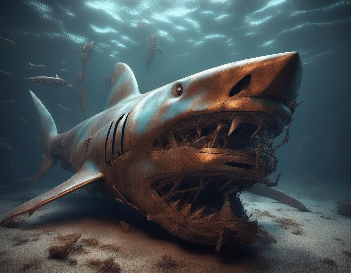 Giant Rusty Robot Shark in Steampunk Style