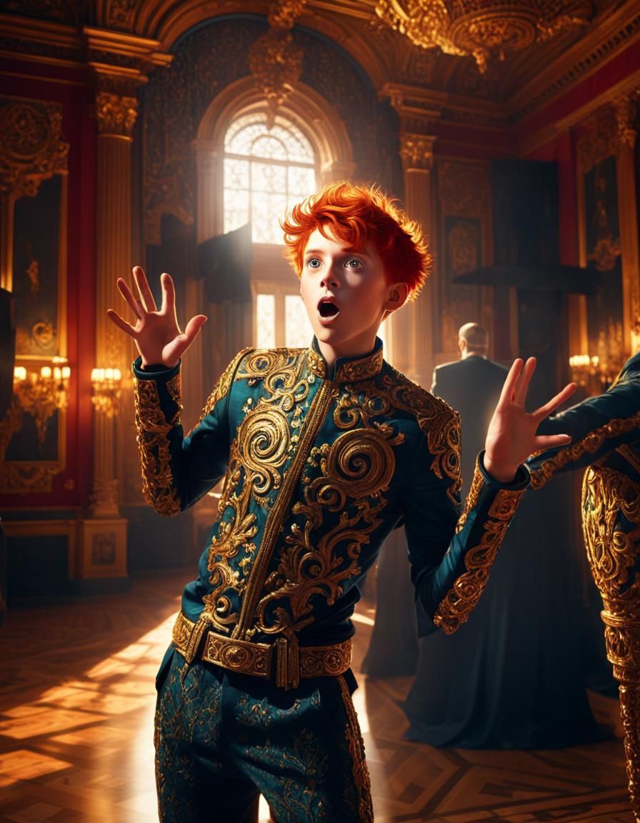 Surprised Boy Posing in Ornate Room: Digital Art