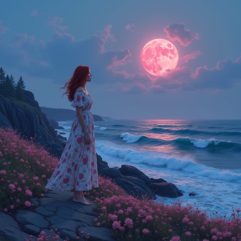 Strawberry Moon Over Peggy's Cove in Pastel Art Style