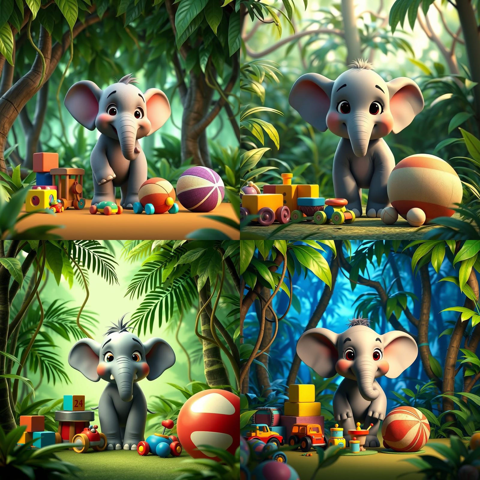 Cheerful Elephant Cub in Jungle, 3D Cartoon Style