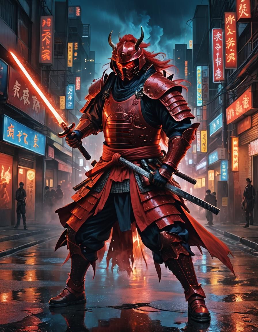 Fiery Samurai with Katana in Expressionist Style