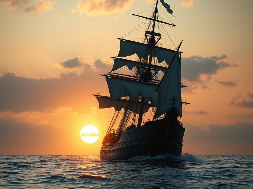 Surrealistic Masterpiece of a Battered Sailing Ship in Drama...