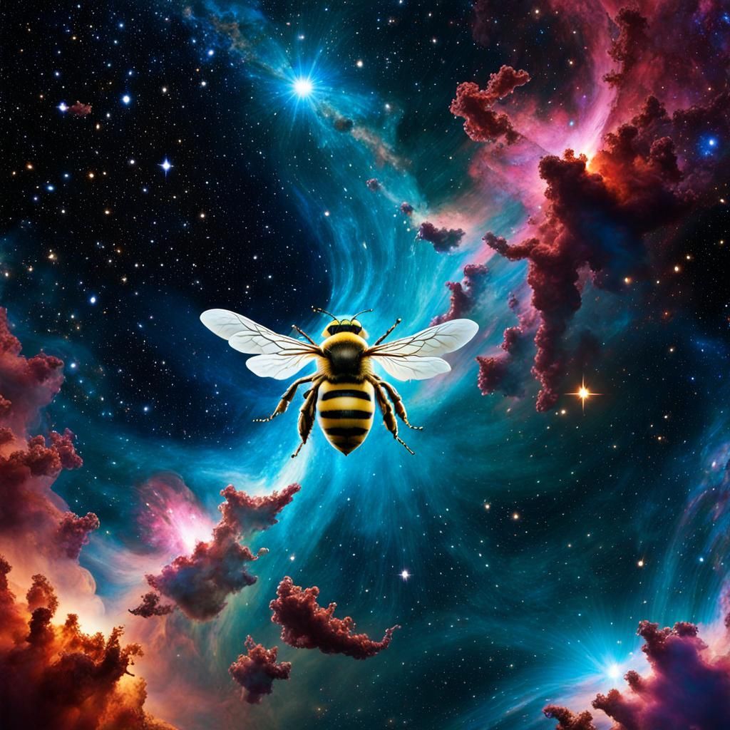 Space bees  with cosmic  wings pollinating a nebula in space...