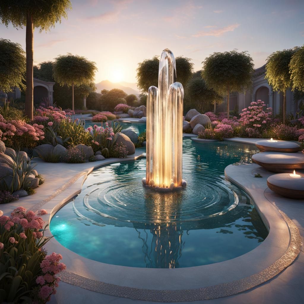 Photorealistic Water Feature at Sunset in 16K Resolution