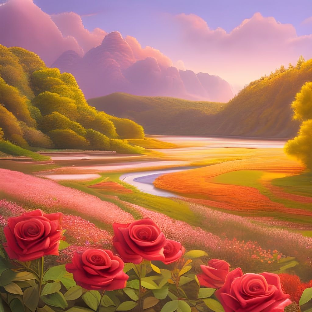 Romantic Rose Field Sunset: Hyperrealistic Landscape Paintin...