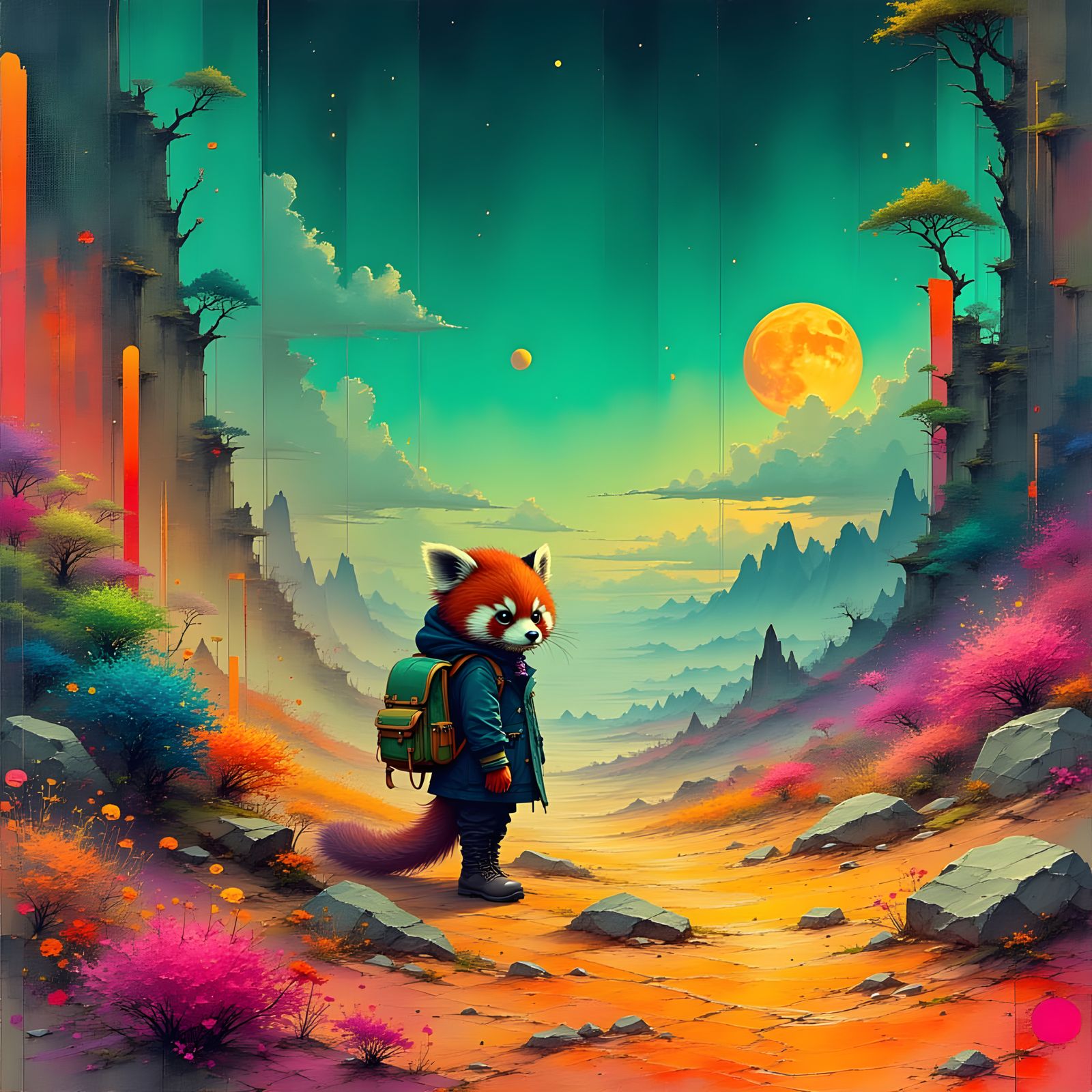 Red Panda Explorer on Alien Planet in Sci-Fi Style