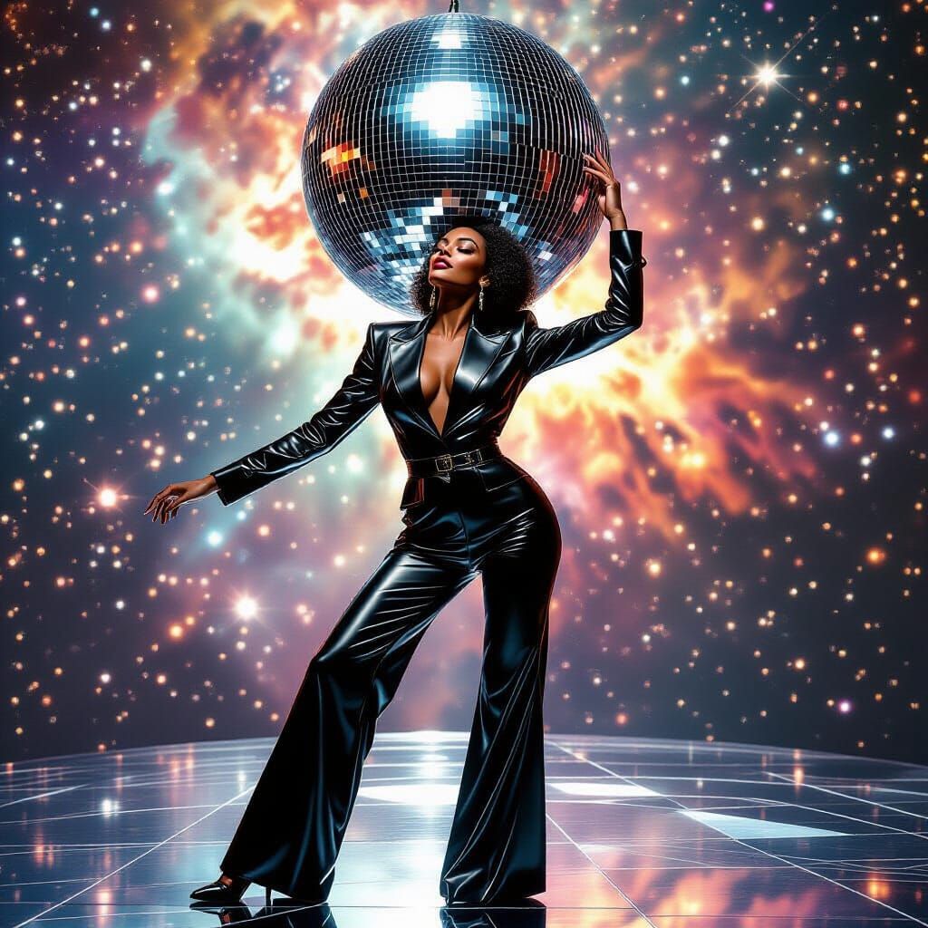 Fashionable Woman Dancing with Cosmic Background