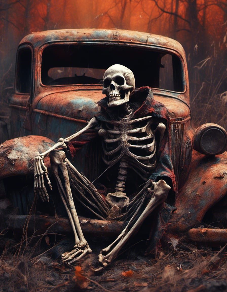 Hyperrealistic Skeleton Hillbilly in Pickup Truck