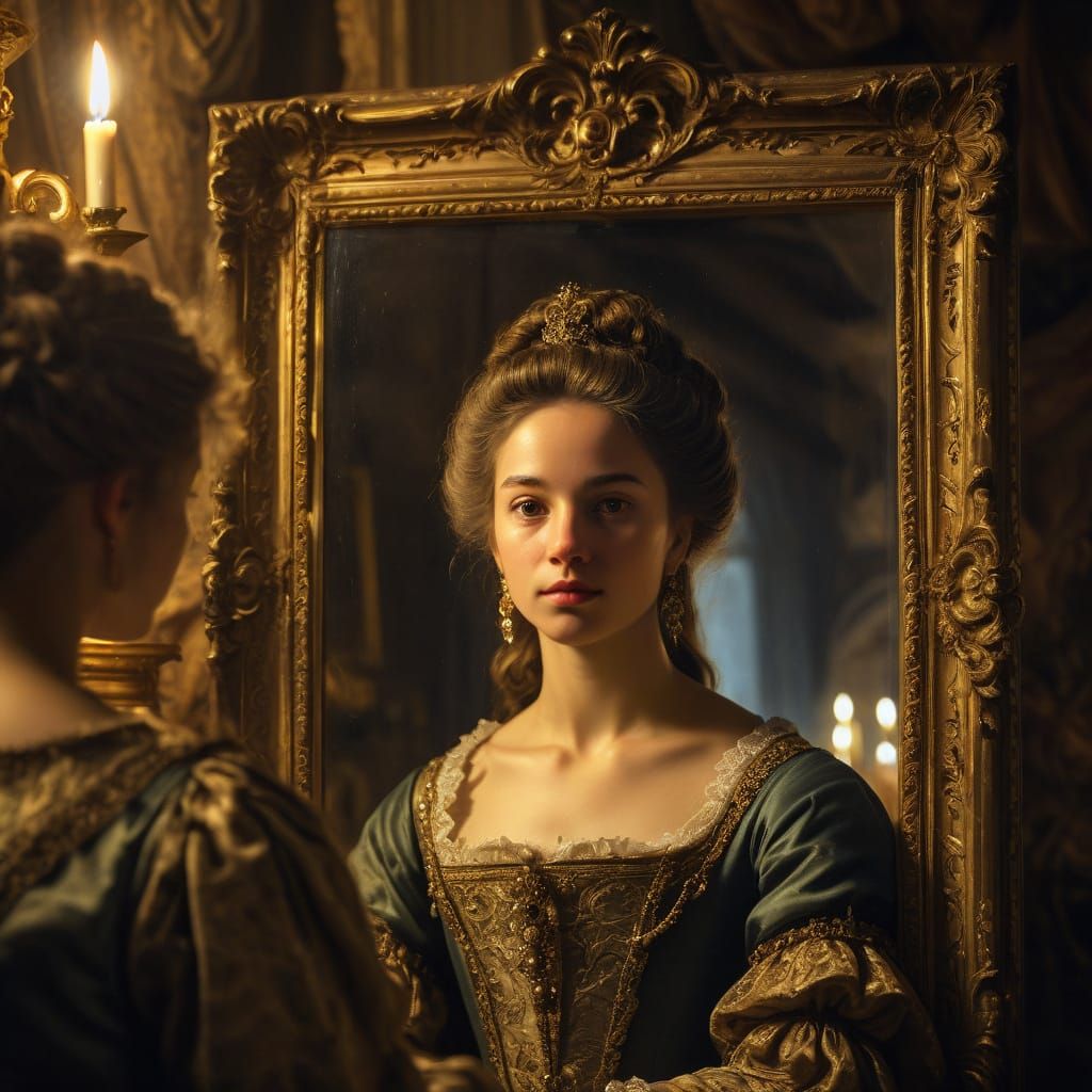 Baroque Noblewoman Contemplates Her Reflection