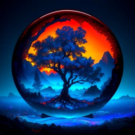 Vibrant Tree Surrounded by Blue Fire in Kincaid Style