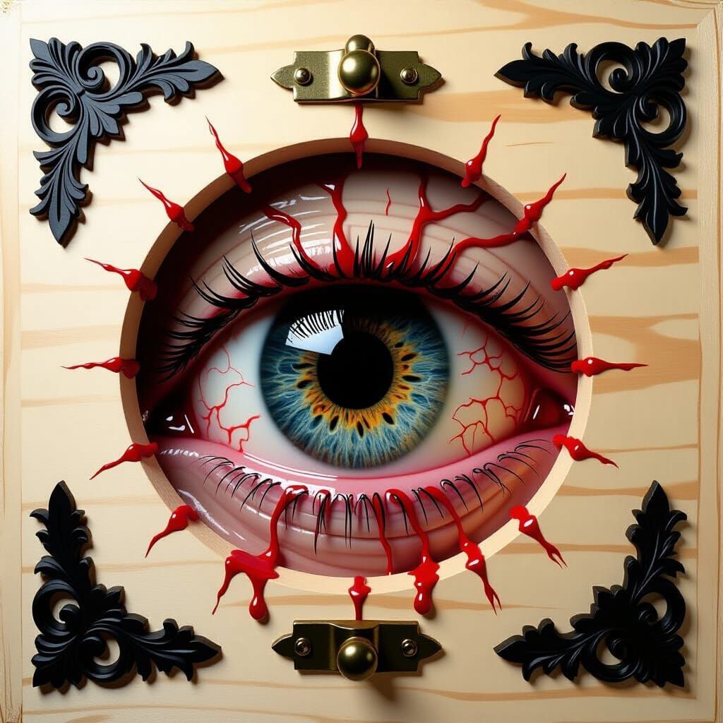 Angry Eye Close-up in Ornate Wooden Box