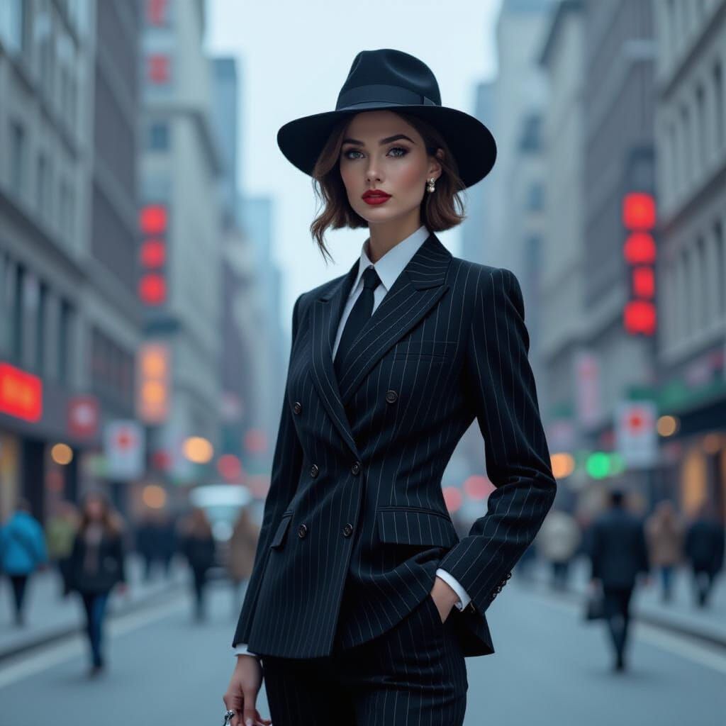 Woman in Pinstriped Suit in Bustling Cityscape