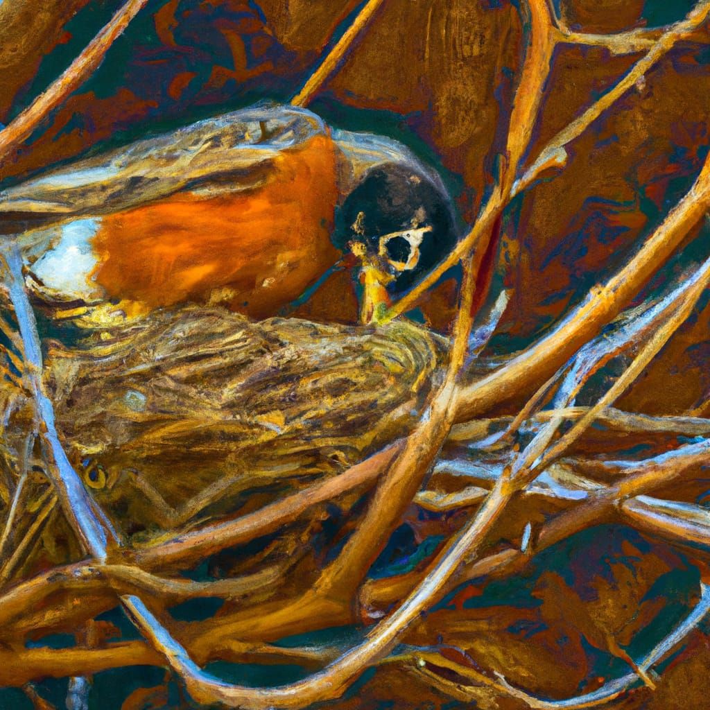 Robin Nest Building: Neo-Impressionist Expressionist Oil Pai...