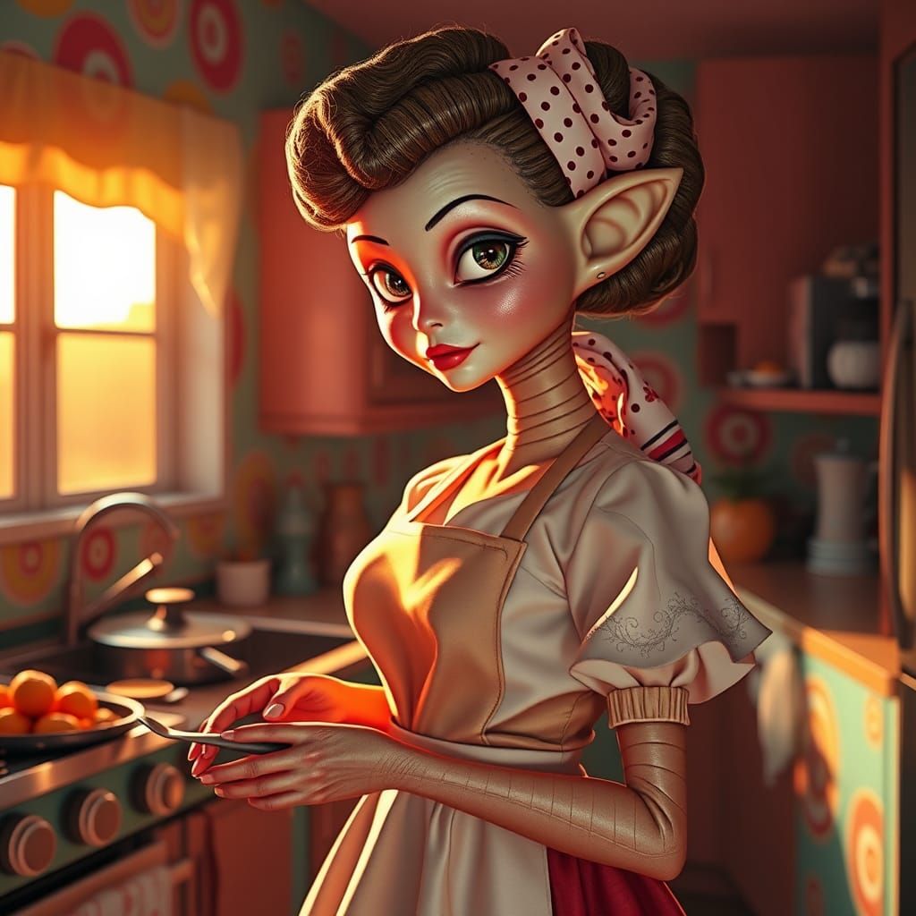 Retro-Futuristic Alien Homemaker Cooking Dinner