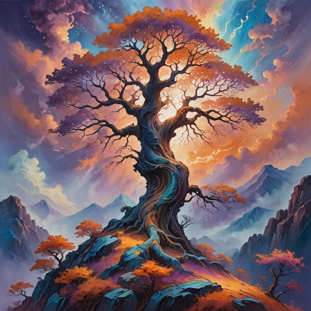 Glowing Tree on Iridescent Peak: Fantasy Oil Painting