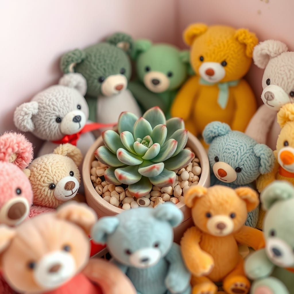 Succulent and Stuffed Bears in Dreamy Art Style
