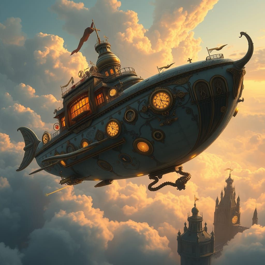 Steampunk Manta Ray Airship Soaring Through Cloudscape