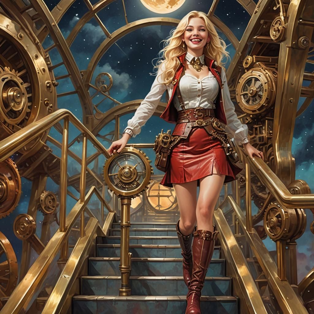 Steampunk Blonde Ascends to Moon in Digital Art