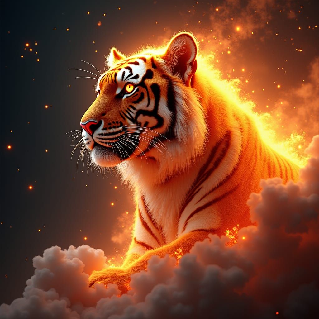 Cosmic Tiger Ablaze in Fiery Constellations