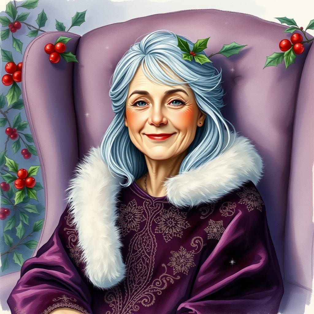 Whimsical Woman in Velvet Cloak, Surrounded by Holly and Mis...