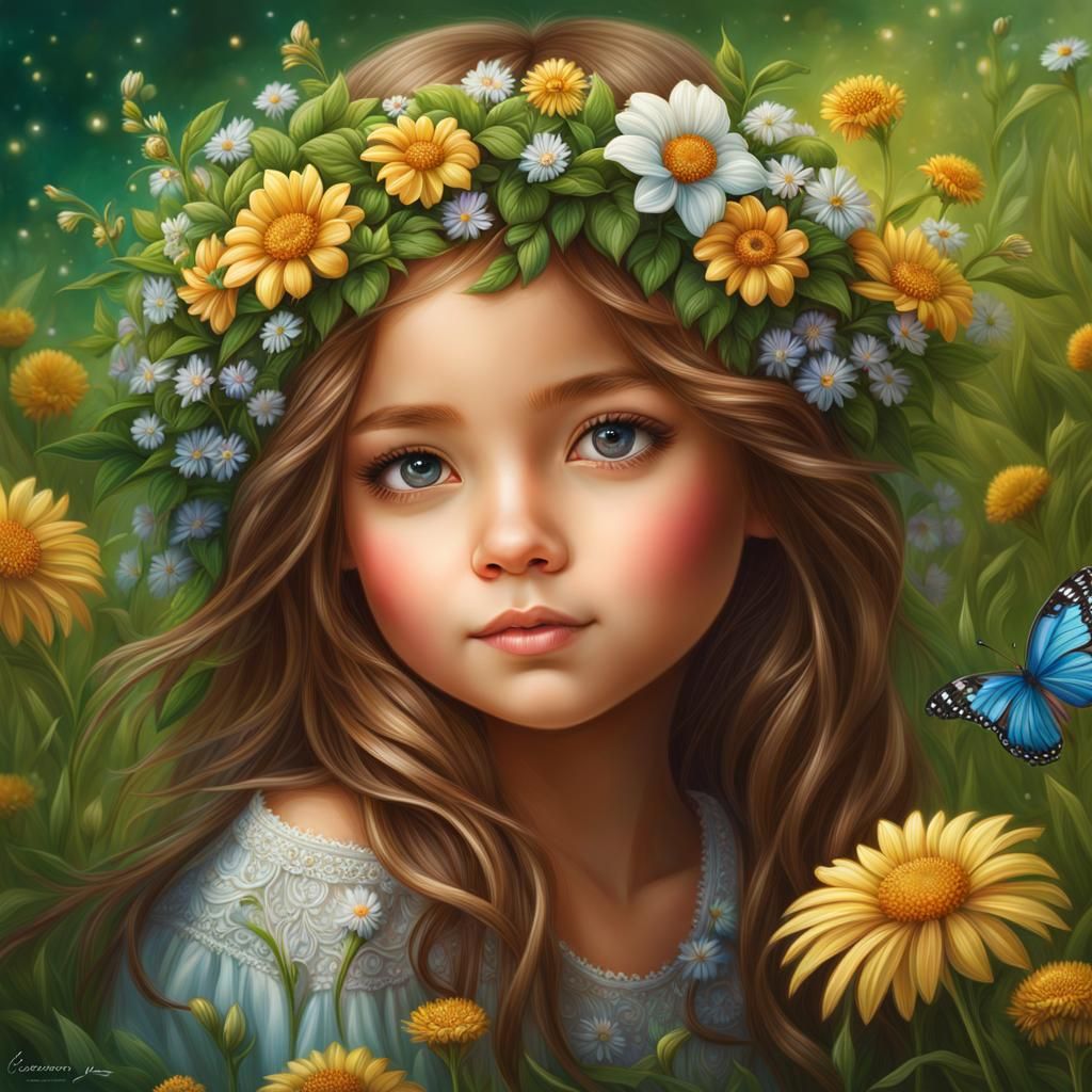 Girl in Wildflower Field: Detailed Digital Painting