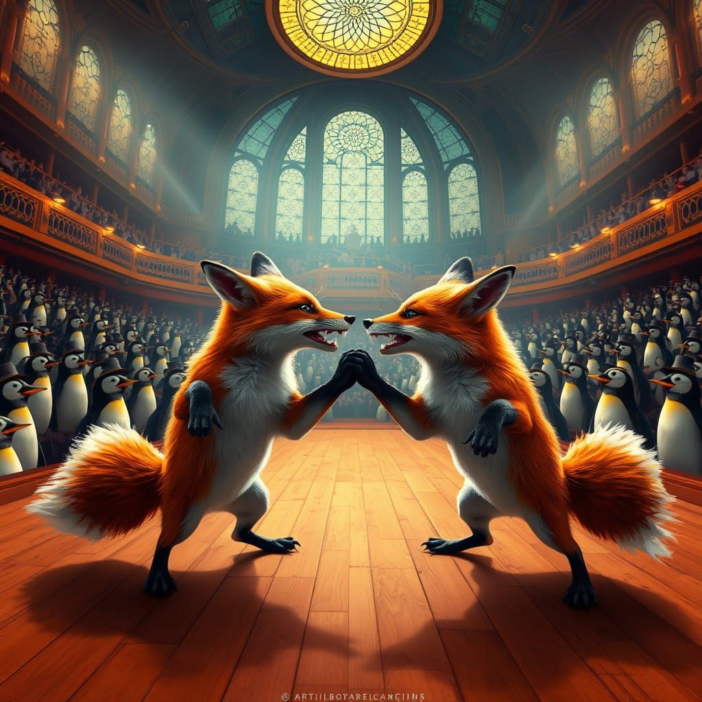 Foxes Clash in Futuristic Arena with Penguin Audience