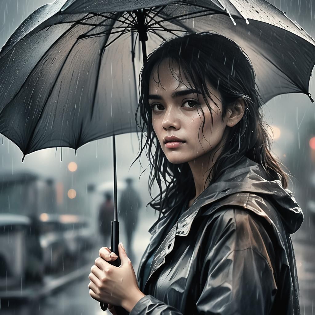 Woman in Rain: Hyperdetailed Charcoal Drawing
