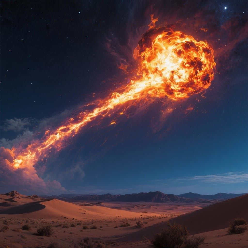 Hyperrealistic Fireball Over Desert Night Sky