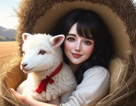 Fluffy Collie and Lamb in Surreal Digital Art