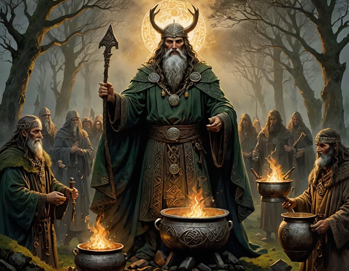The Dagda Gifts Cauldron to Druids: Dark Fantasy Art