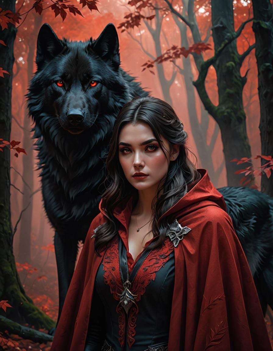 Girl in Red Cloak with Wolf in Misty Forest