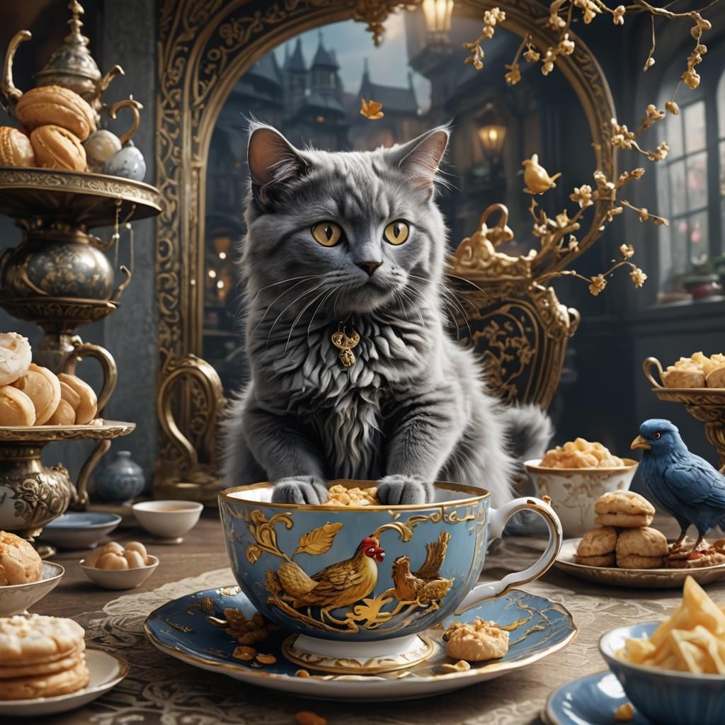 Nebelung Cat in Teacup With Macarons, Digital Art