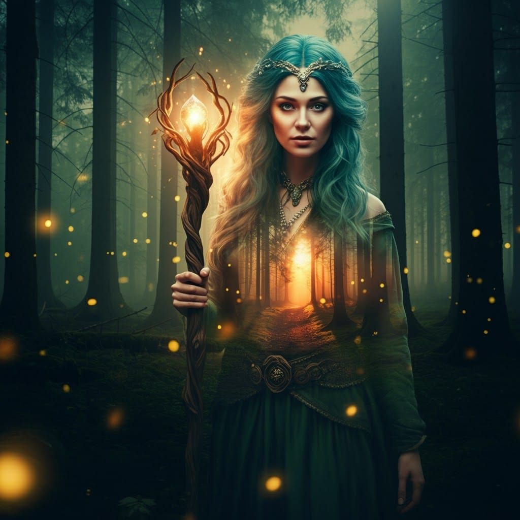 Enchantress in Double Exposure with Magical Woods