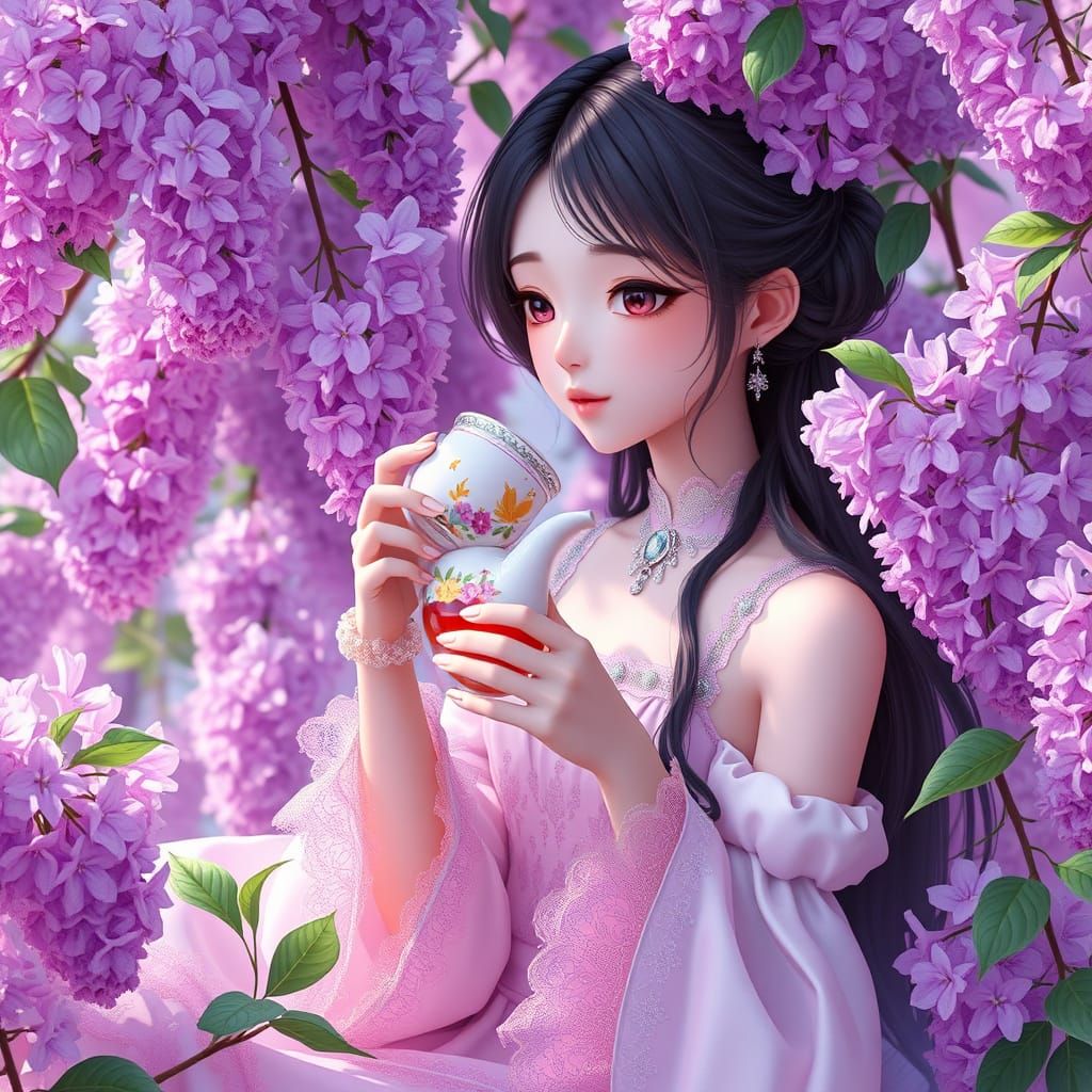 Elegant Anime Girl Drinking Tea Among Lilacs
