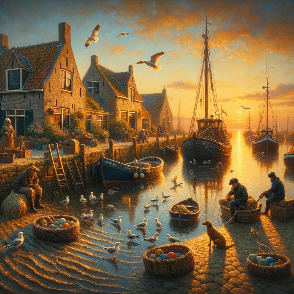 Sunset Over Old Dutch Fishing Village Harbor