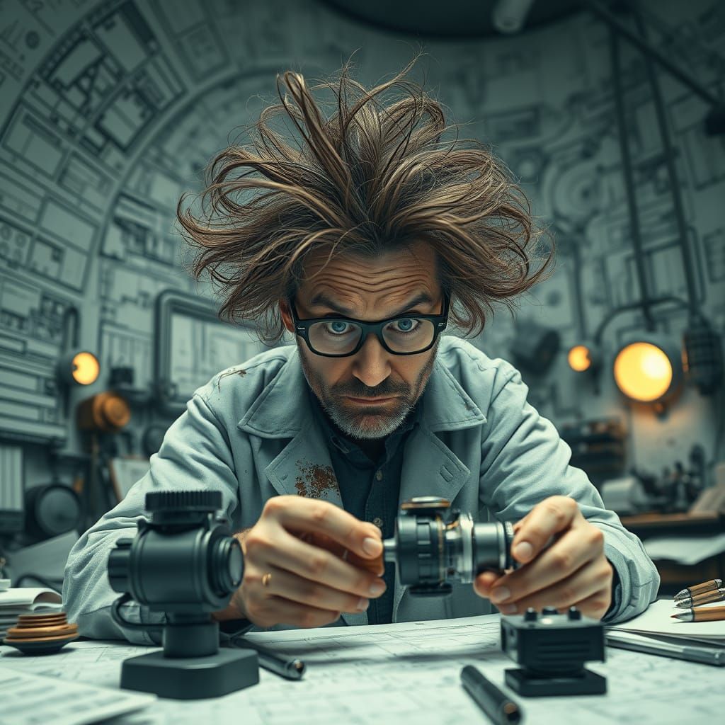 Retro-Futuristic Inventor in Hyper-Detailed Lab