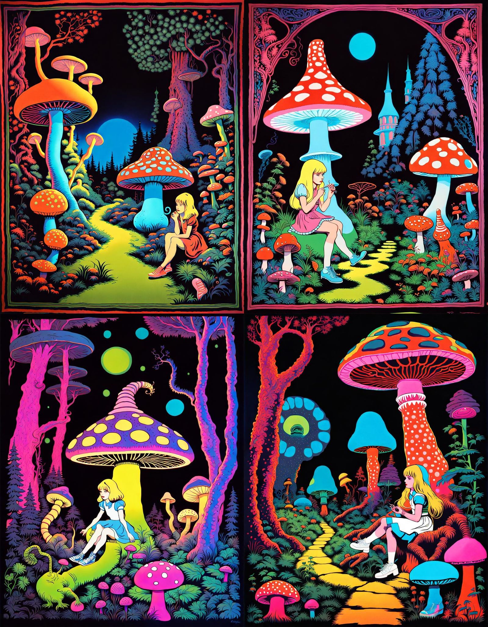 Alice in Wonderland Blacklight Poster, Psychedelic 70s Art