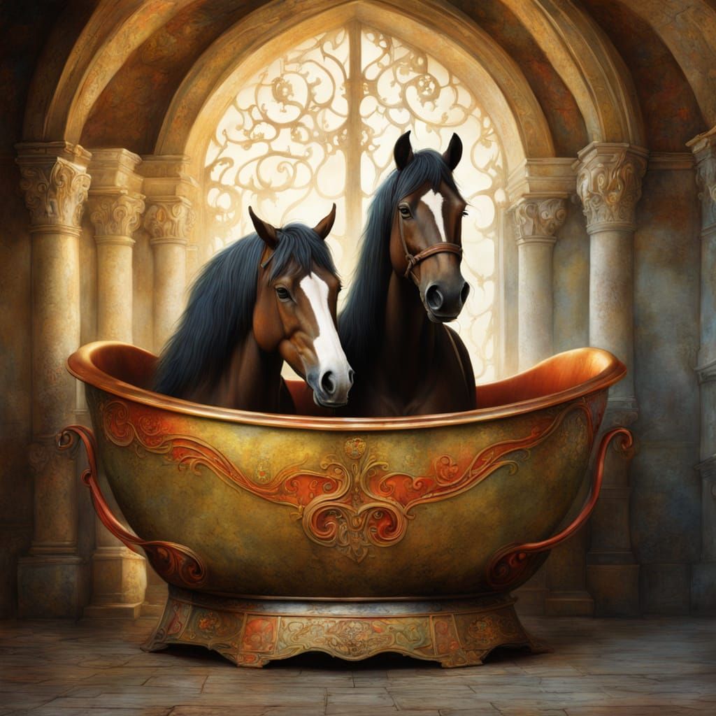 Horses Soak in Lavish Medieval-Inspired Tub Scene