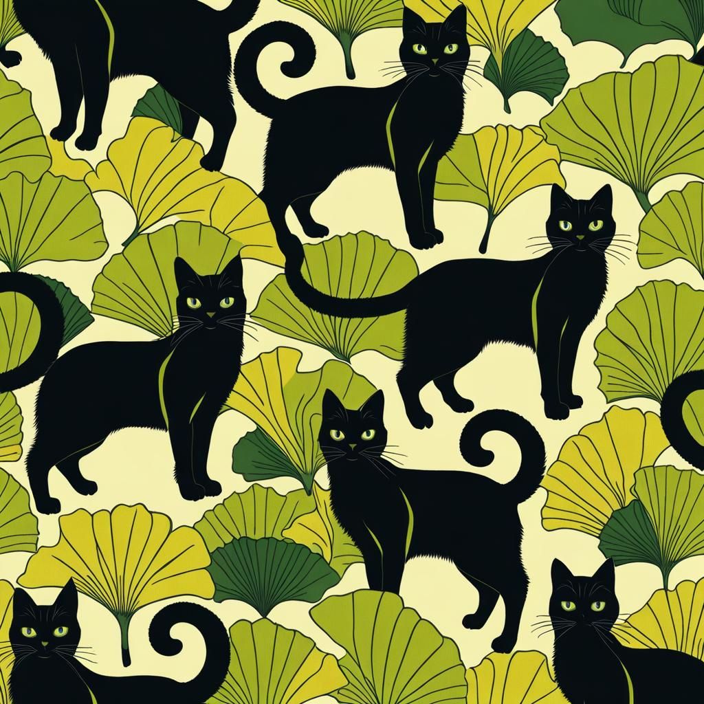 Black Cats and Ginkgo Leaves in Morris Style