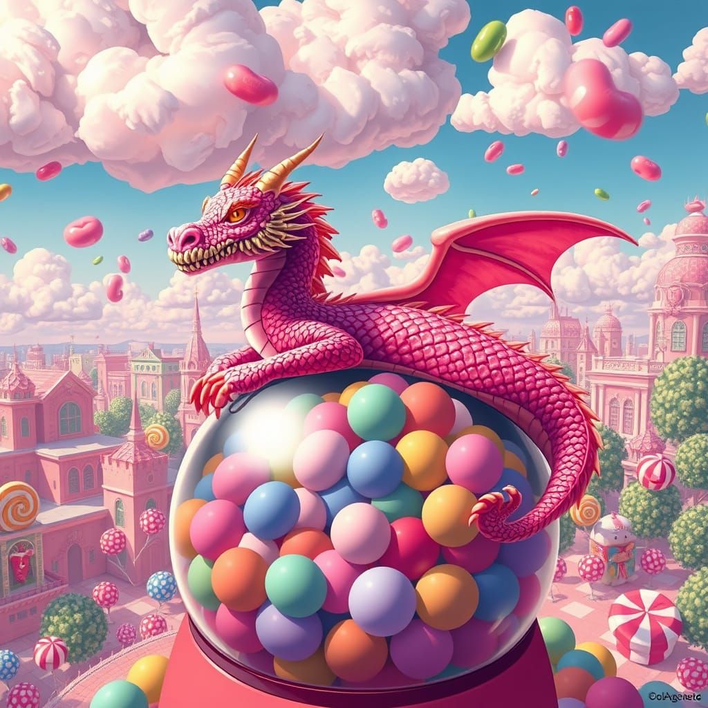 A bubblegum dragon lounges lazily on a giant gumball machine...