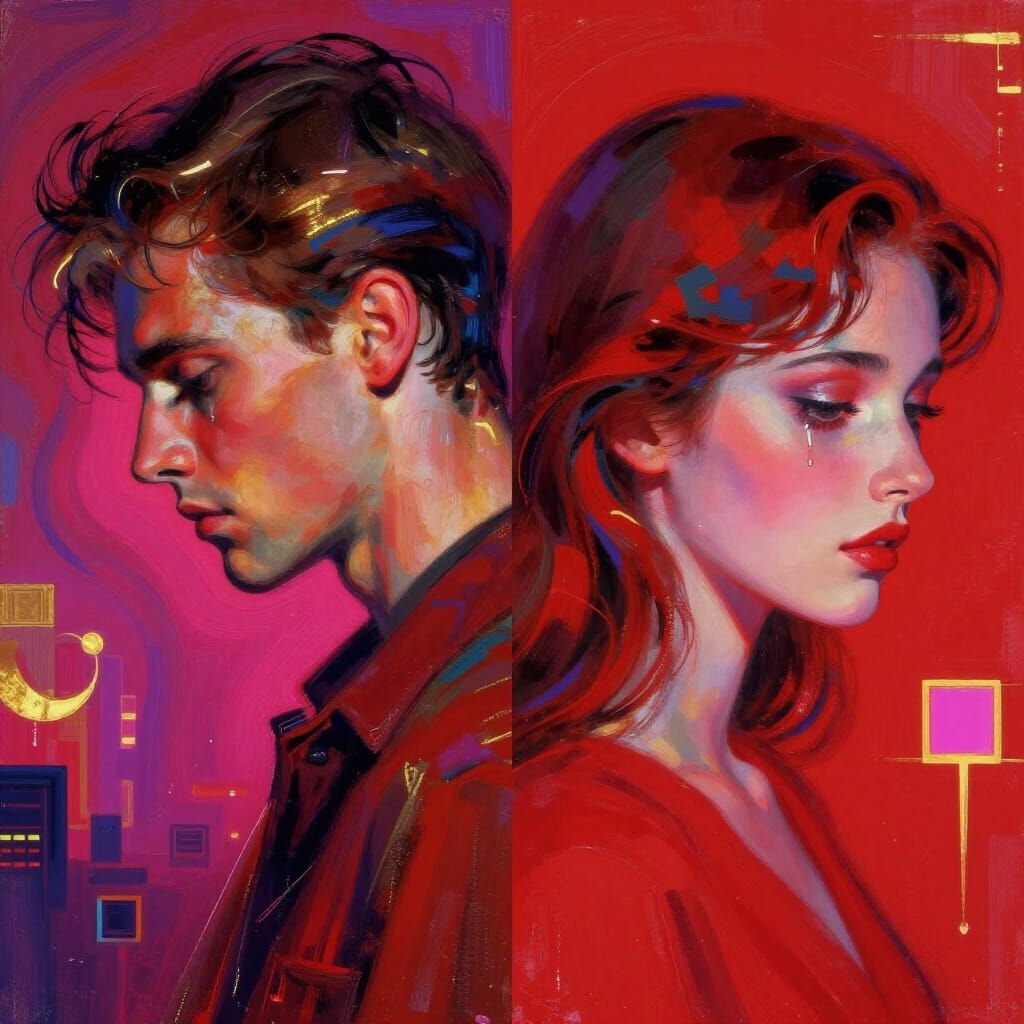 Retro-Futurist Holiday Portrait Diptych in Red and Gold
