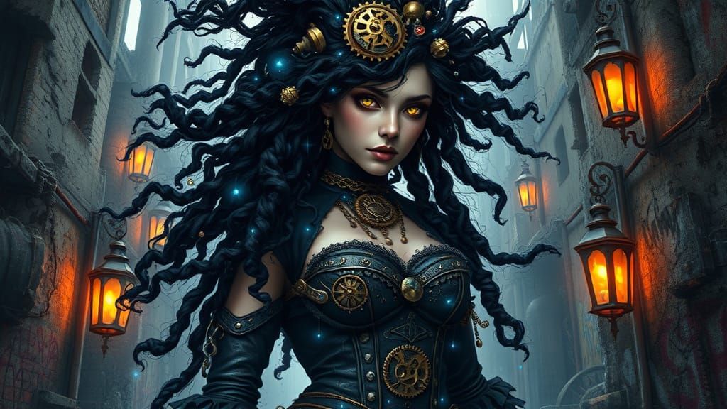 Steampunk Witch in Dystopian Landscape, Ballardian Style
