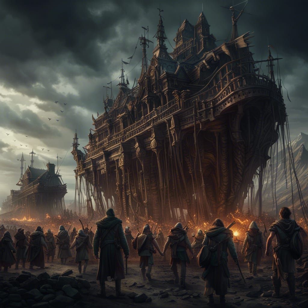 Adventurers Surrounded by Skeleton Army: Epic Digital Painti...