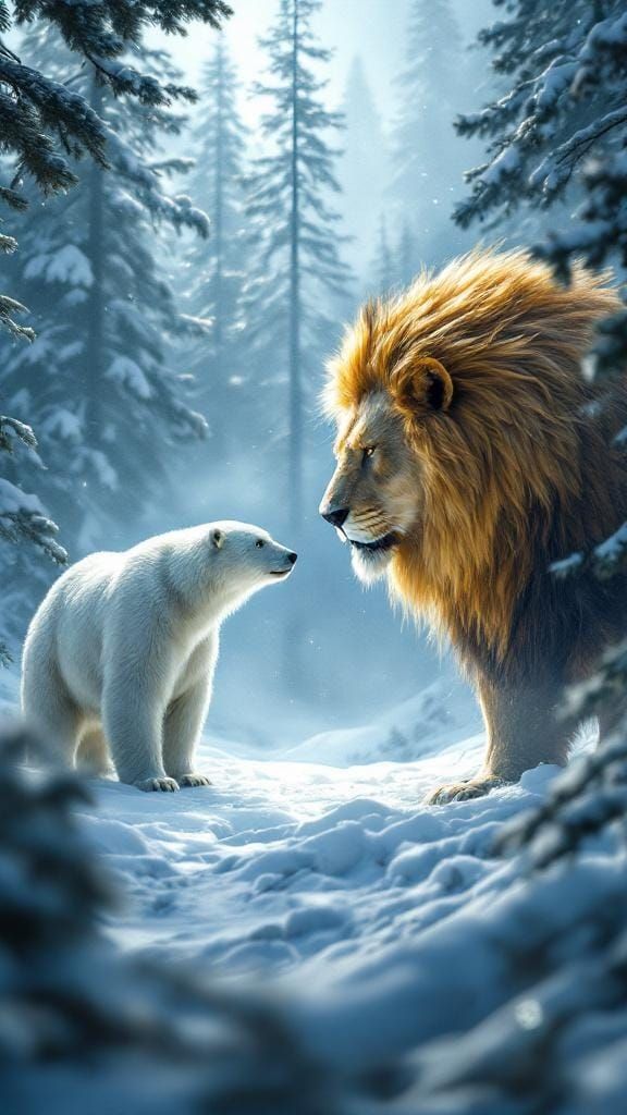 Lion and Polar Bear Stare-Down in Snowy Forest